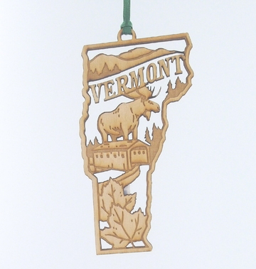 Wooden Vermont Ornament with Moose