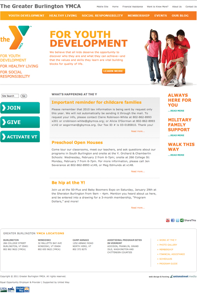YMCA Web Site Design, Y New Branding guidelines, Greater Burlington Vermont YMCA